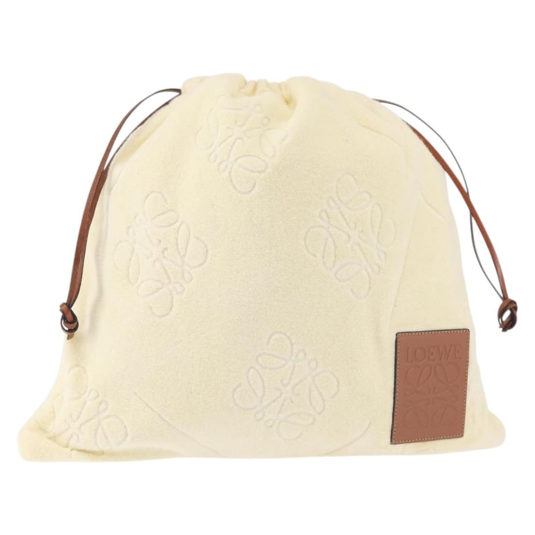 LOEWE Anagram Beige Pile Drawstring Pouch with Serial No. 692312: LOEWE Anagram Beige Pile Drawstring Pouch with Serial No. 692312 This LOEWE Anagram Drawstring Pouch in a chic beige pile material combines functionality with luxury. Measuring approximately 15.4 inch