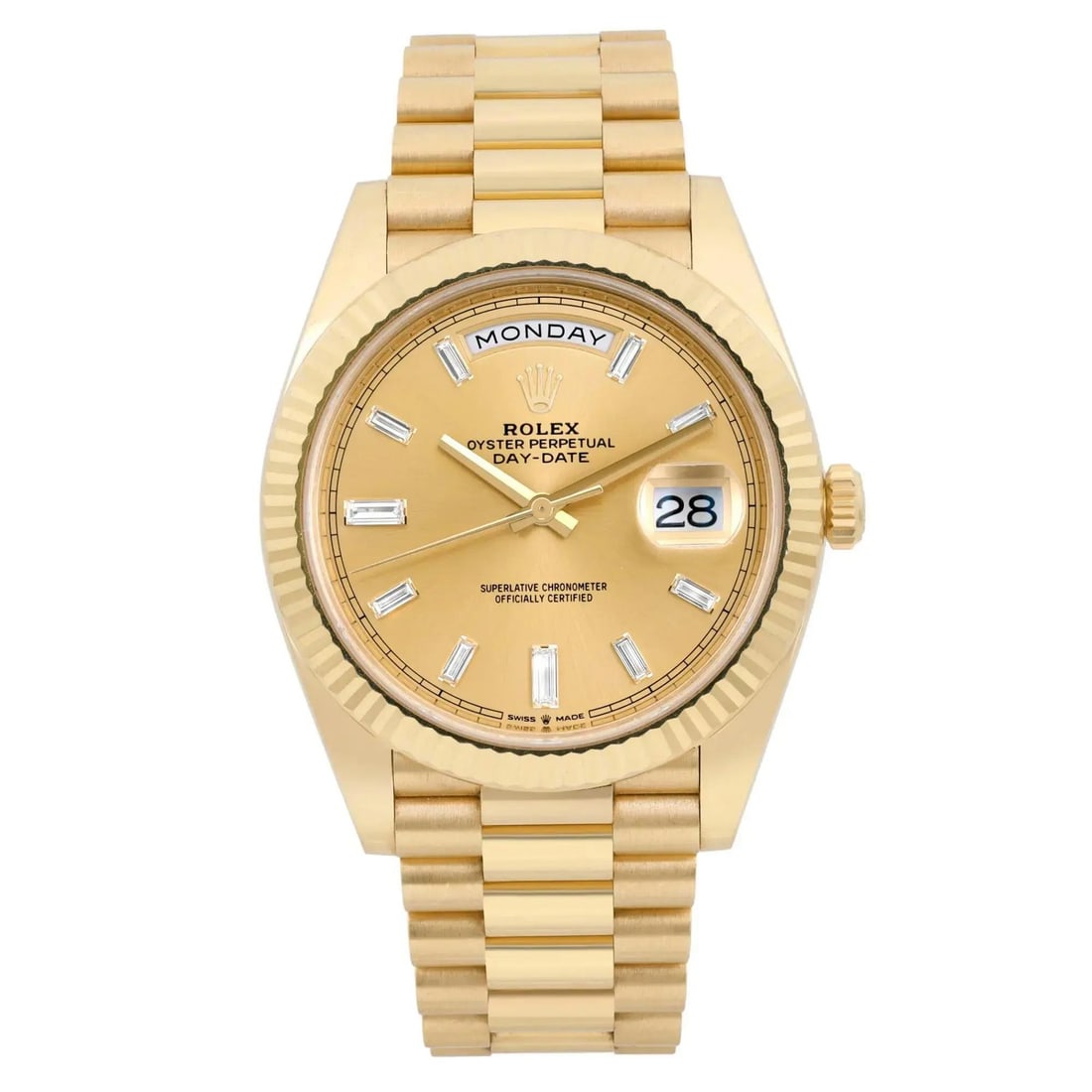 Rolex Day-Date 40 18K Yellow Gold Diamond Baguette Champagne Dial Watch: Rolex Day-Date 40 18K Yellow Gold Diamond Baguette Champagne Dial Watch Experience luxury and sophistication with the Rolex Day-Date 40, a stunning wristwatch crafted from 18K yellow gold. This timepi