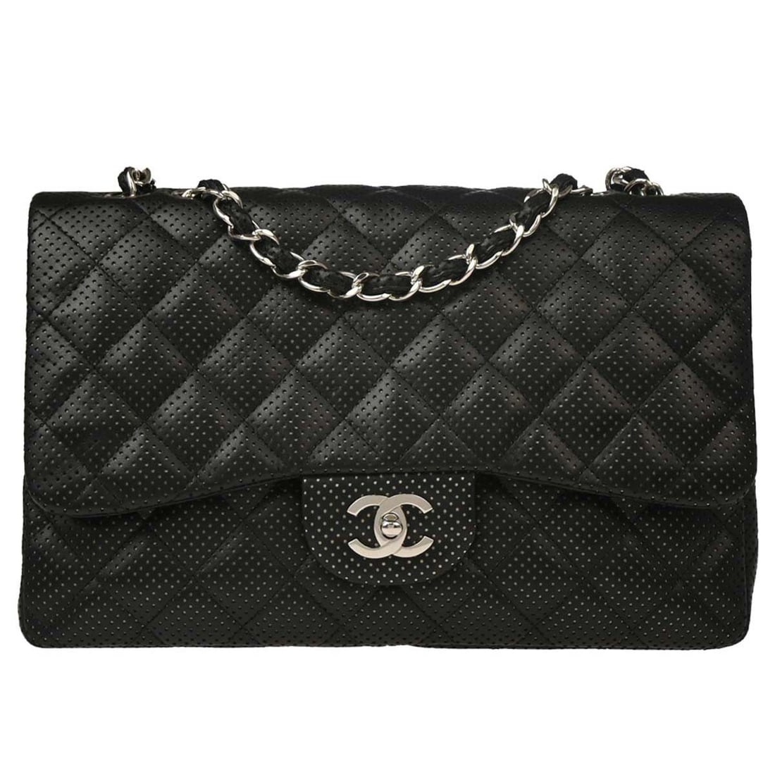 Chanel Black Perforated Lambskin Jumbo Classic Flap Shoulder Bag: Chanel Black Perforated Lambskin Jumbo Classic Flap Shoulder Bag This exquisite Chanel Jumbo Classic Flap Shoulder Bag is crafted from luxurious black perforated lambskin, featuring the iconic matelas
