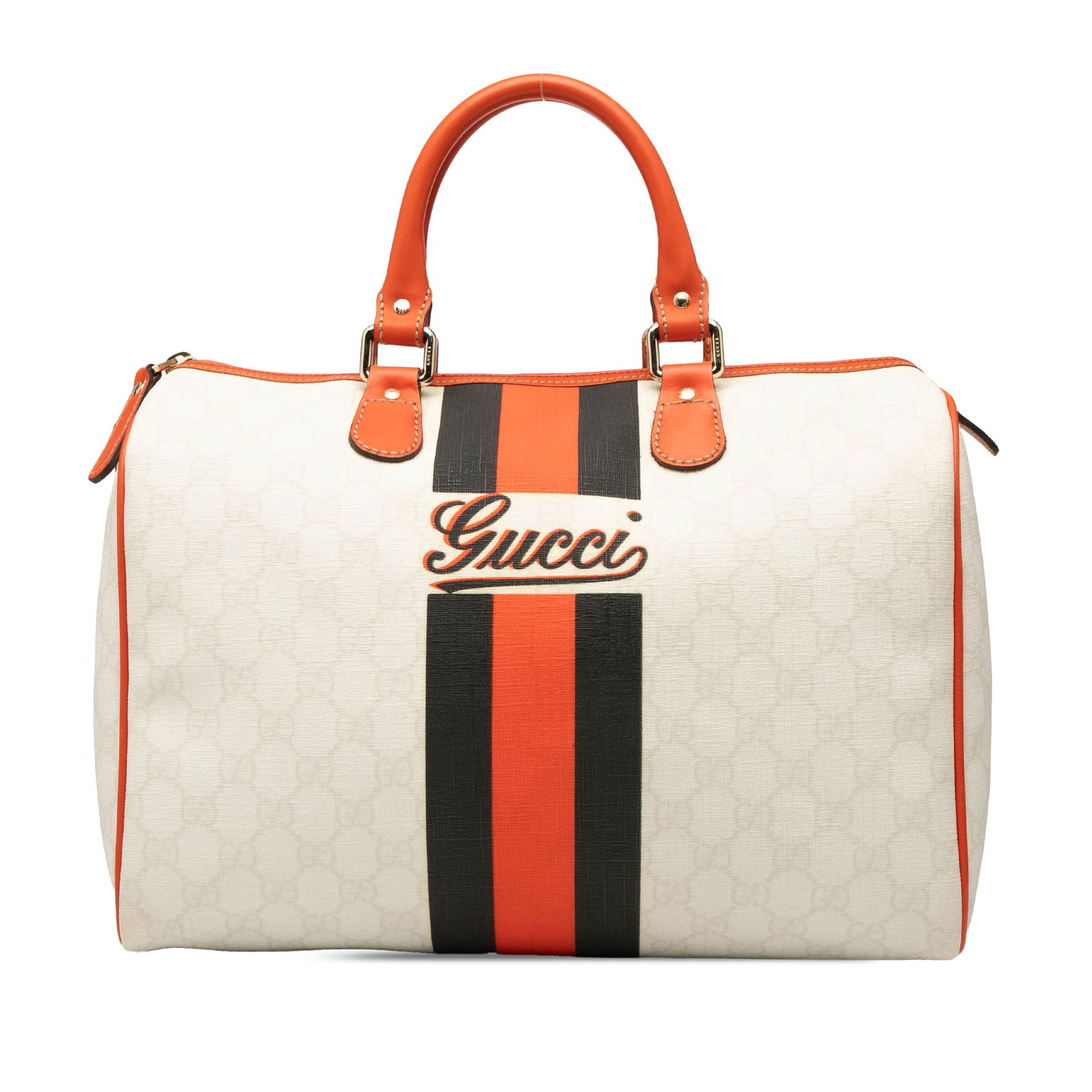 Gucci GG Supreme Joy Web Boston coated canvas bag with leather trim: Gucci GG Supreme Joy Web Boston coated canvas bag with leather trim This Gucci GG Supreme Joy Web Boston bag features a coated canvas body with leather trim, rolled leather handles, a top zip closure,