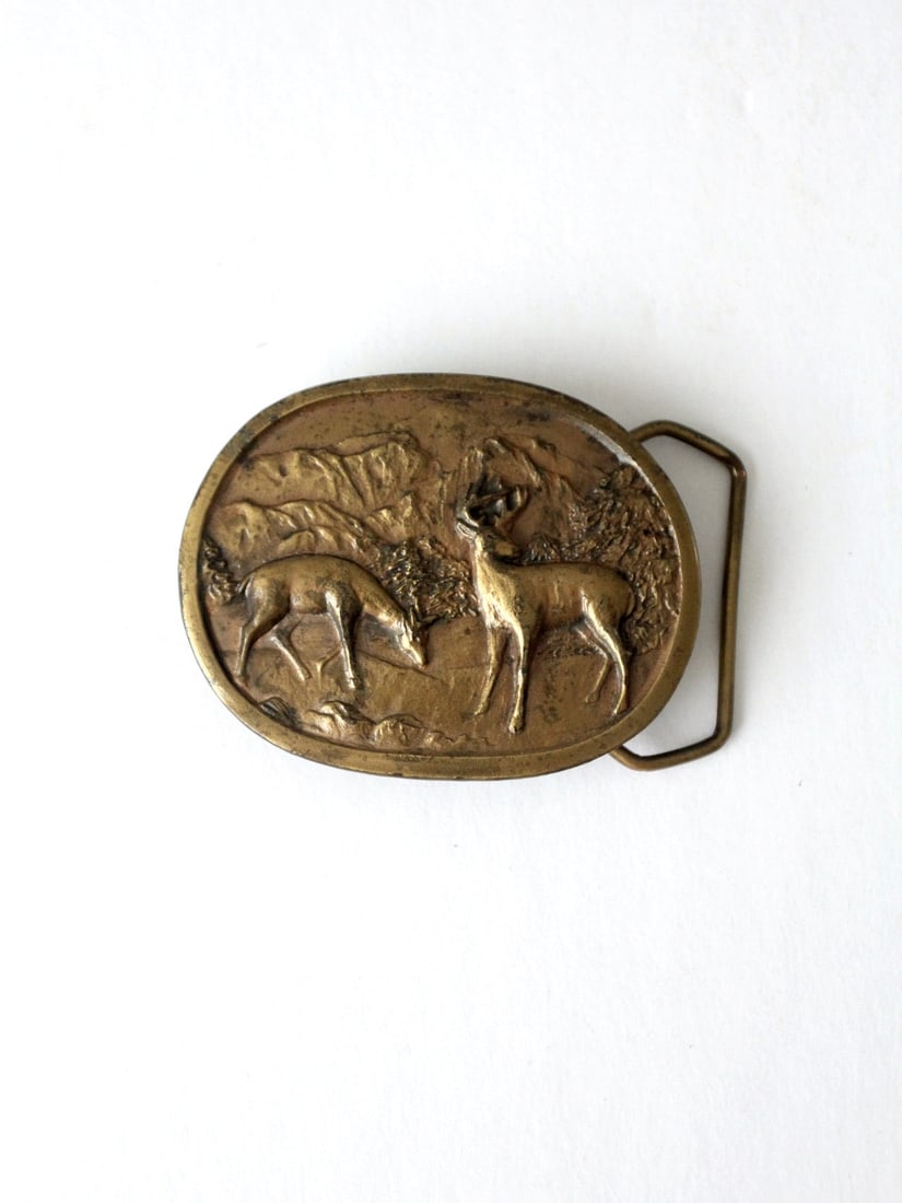 Vintage Brass Belt Buckle with Raised Deer Scene (1 of 5)