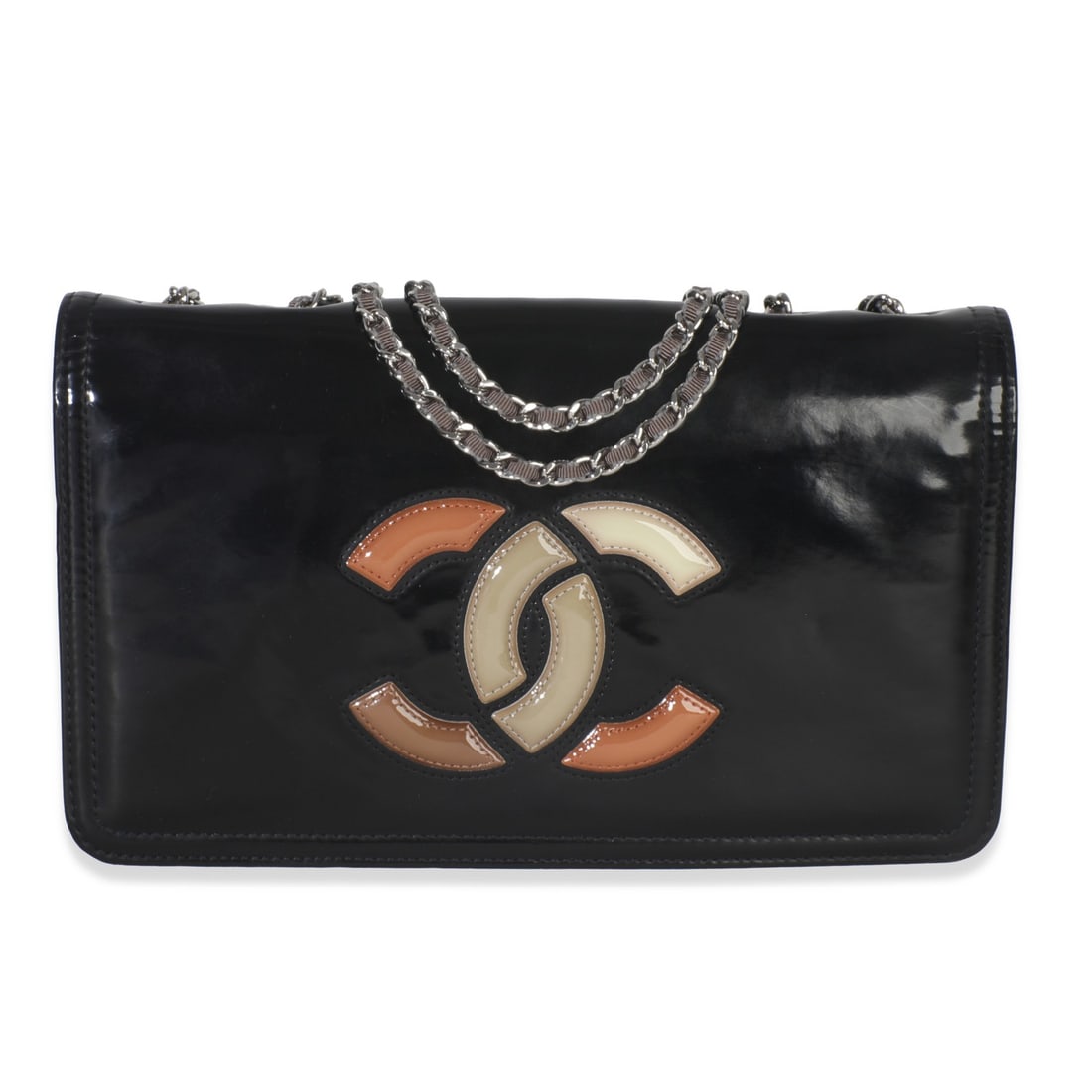 Chanel CC Lipstick Flap Black Patent Shoulder Bag with Accessories: Chanel CC Lipstick Flap Black Patent Shoulder Bag with Accessories This Chanel CC Lipstick Flap Bag features a black and brown patent leather exterior with silver-tone hardware and a magnetic snap clo