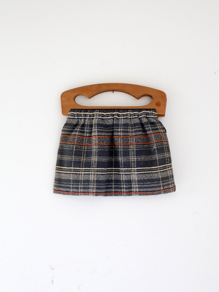 1940s Cerulean Barkcloth Knitting Bag with Wood Frame: 1940s Cerulean Barkcloth Knitting Bag with Wood Frame Discover this charming vintage knitting bag from the 1940s, crafted from cerulean barkcloth adorned with a stylish orange and cream plaid pattern.