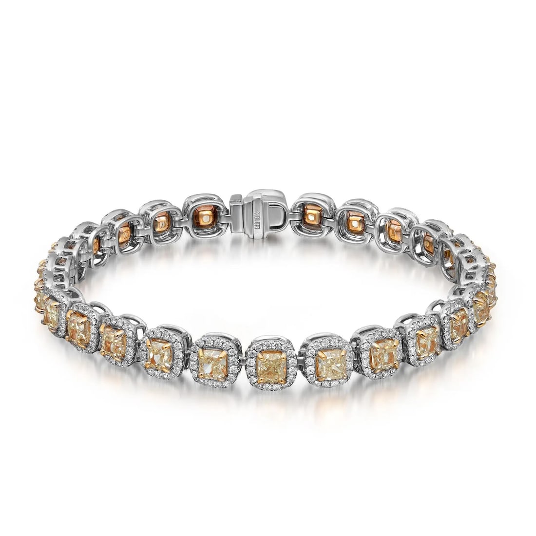 Rachel Koen 18K White Gold Multicolor Diamond Tennis Bracelet 12.13 ctw: Rachel Koen 18K White Gold Multicolor Diamond Tennis Bracelet 12.13 ctw This stunning tennis bracelet features a luxurious design crafted from 18K white gold. The bracelet showcases 26 vibrant cushion