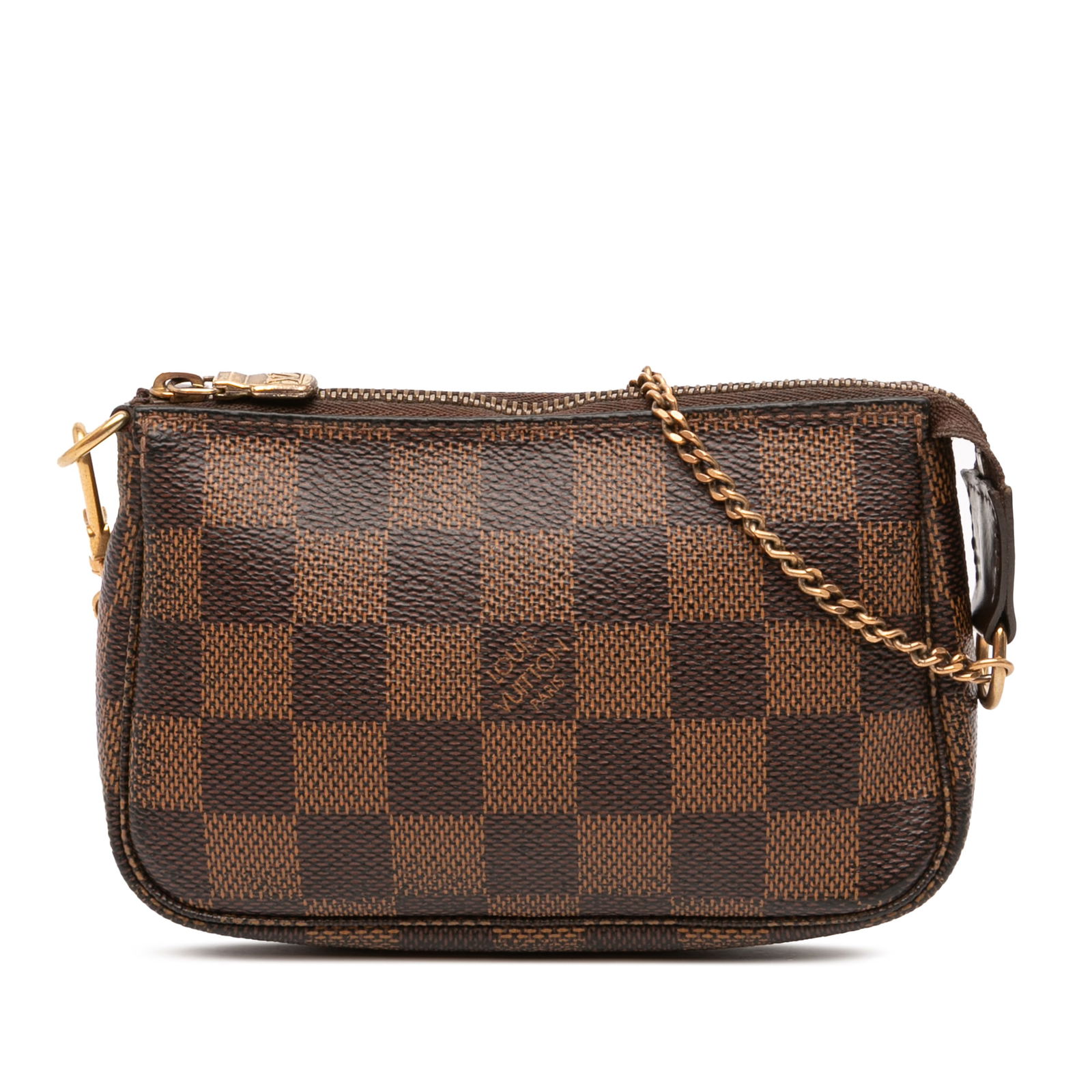 Louis Vuitton Damier Ebene Mini Pochette Bag with Gold-tone Handle: Louis Vuitton Damier Ebene Mini Pochette Bag with Gold-tone Handle The Louis Vuitton Damier Ebene Mini Pochette Accessoires is a stylish accessory featuring a classic damier canvas body complemented b