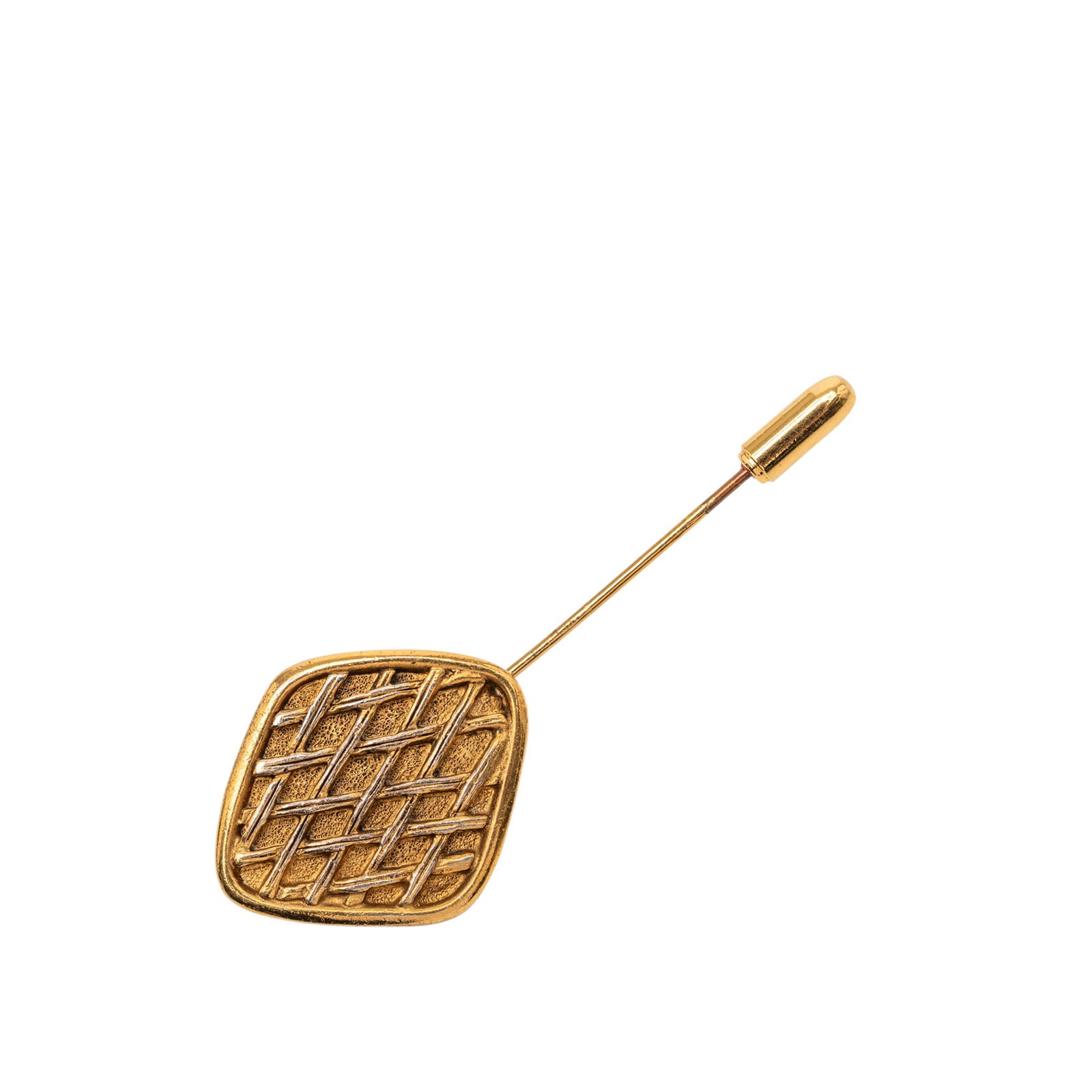 Chanel Lattice Gold Tone Brooch with Diamond Pattern Pin: Chanel Lattice Gold Tone Brooch with Diamond Pattern Pin This Chanel brooch features a gold-tone metal lattice design with a pin closure. It is a costume jewelry piece originating from France and show