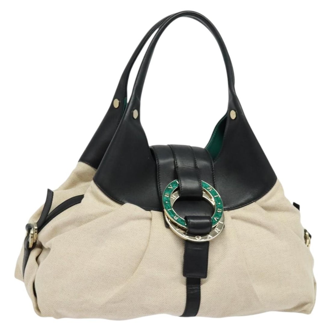 Chandra Hobo Shoulder Bag in Beige by Bvlgari: Chandra Hobo Shoulder Bag in Beige by Bvlgari This Bvlgari Chandra Hobo bag in beige features a classic hobo silhouette crafted for women. The exterior shows some loss of shape, stains, and slight rub