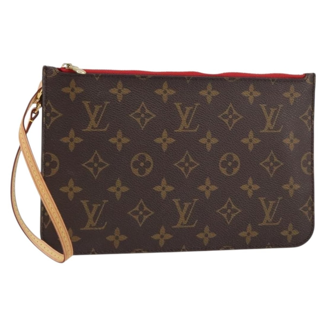 Neverfull Pochette clutch by Louis Vuitton in brown: Neverfull Pochette clutch by Louis Vuitton in brown This pre-owned Louis Vuitton Neverfull Pochette in brown is a clutch and pouch accessory designed for women. It exhibits signs of use, such as sligh