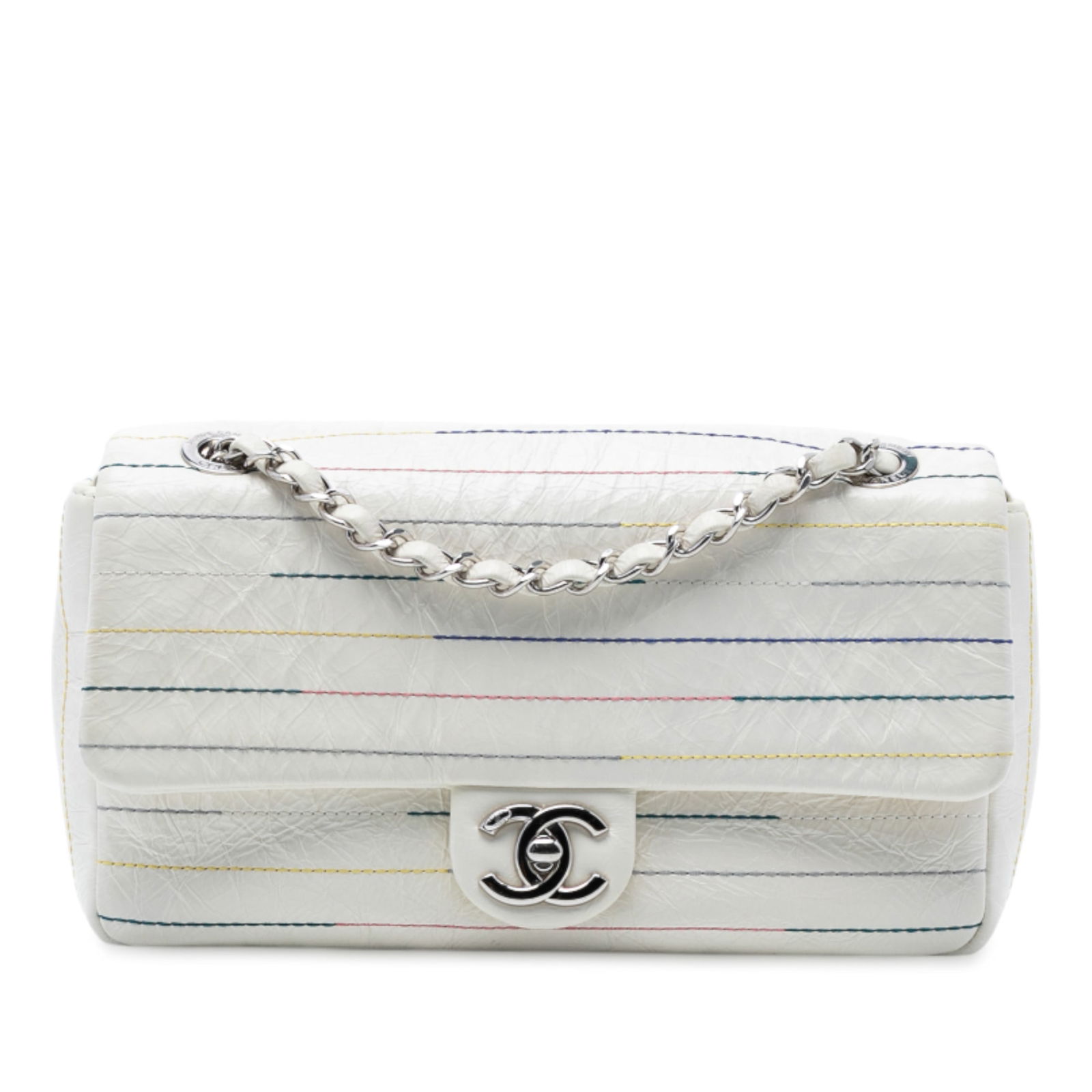 Chanel Distressed Calfskin Flap Bag with Silver-Tone Chain: Chanel Distressed Calfskin Flap Bag with Silver-Tone Chain This Chanel crossbody bag showcases a chic and sophisticated design crafted from distressed calfskin leather. The bag features a striking sil