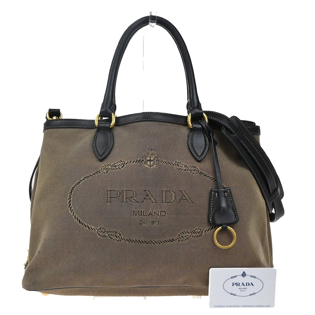 Convertible Brown and Black Tote Bag by Prada with Logo Detail (1 of 1)
