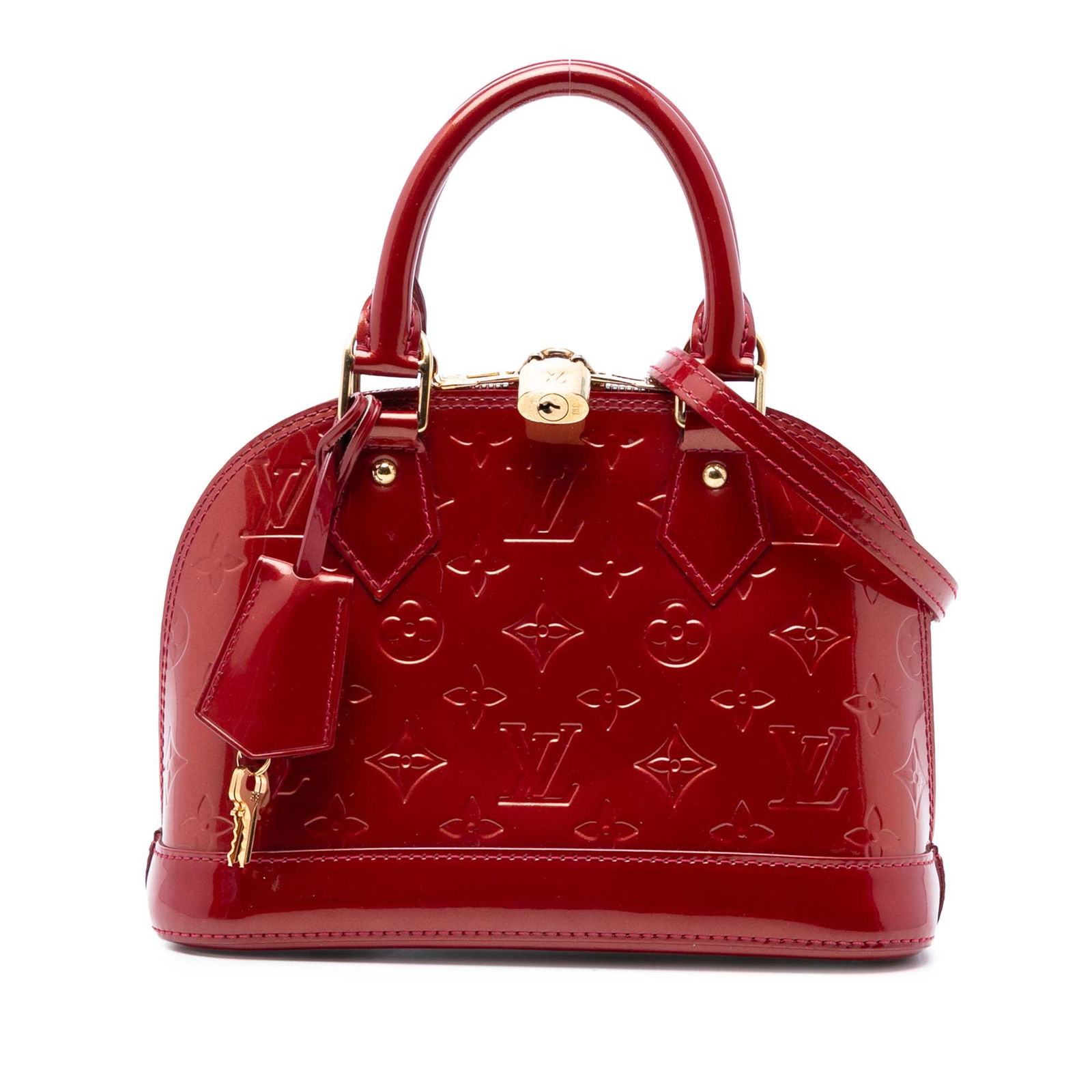 Louis Vuitton Alma BB Red Vernis Leather Satchel with Strap: Louis Vuitton Alma BB Red Vernis Leather Satchel with Strap This Louis Vuitton Monogram Vernis Alma BB features a glossy monogram vernis leather exterior in red, complemented by rolled leather handles