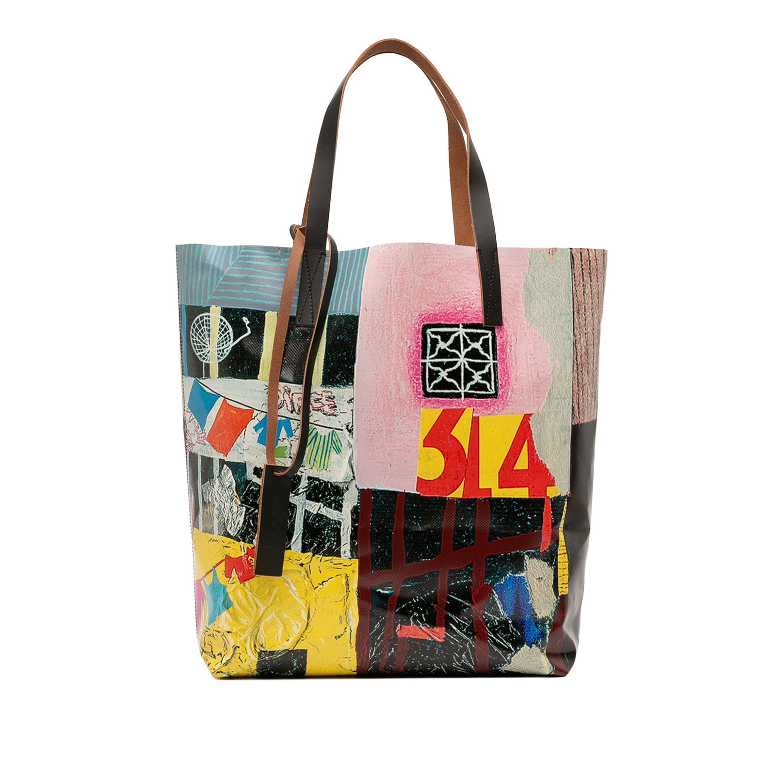 Marni Multi Color Printed PVC Tote Bag with Leather Handles: Marni Multi Color Printed PVC Tote Bag with Leather Handles This Marni tote bag features a printed PVC exterior with flat leather handles and an open top design. The bag is crafted in Italy and is pre