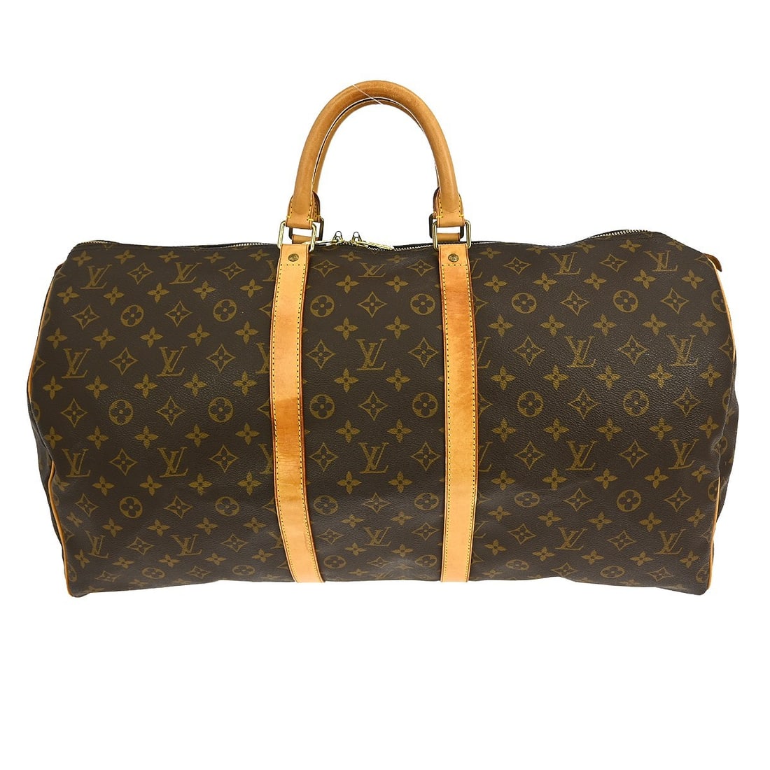 Keepall 55 Brown Travel Handbag by Louis Vuitton: Keepall 55 Brown Travel Handbag by Louis Vuitton This pre-owned Louis Vuitton Keepall 55 travel bag is crafted in brown material and is designed for female use. The bag shows signs of previous use, wi