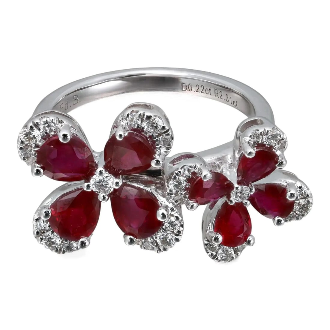Rachel Koen 18K White Gold Ruby Diamond Double Flower Cocktail Ring: Rachel Koen 18K White Gold Ruby Diamond Double Flower Cocktail Ring This exquisite double flower cocktail ring is designed to showcase the beauty of vibrant rubies and sparkling diamonds, making it an