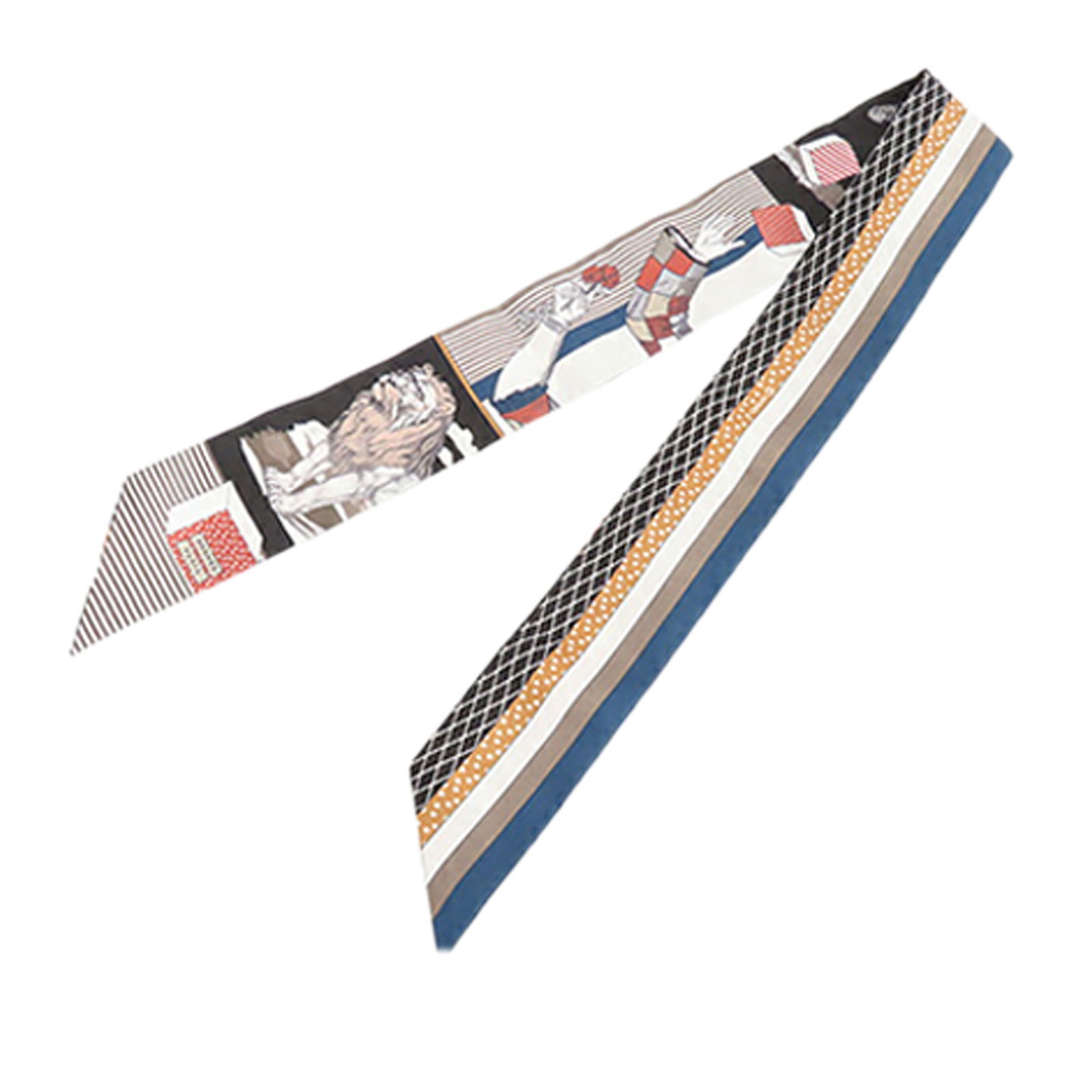 Hermes silk twilly scarf with Grand Theatre Nouveau print: Hermes silk twilly scarf with Grand Theatre Nouveau print This Hermes Grand Theatre Nouveau Twilly scarf showcases the signature Grand Theatre Nouveau print on premium 100% silk. The accessory is desi
