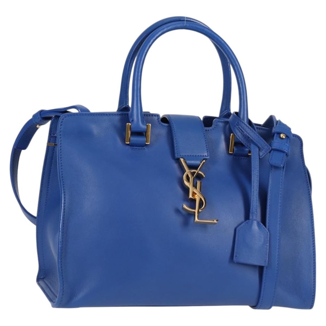 Blue Monogram Cabas Handbag by Saint Laurent with Shoulder Strap: Blue Monogram Cabas Handbag by Saint Laurent with Shoulder Strap This Saint Laurent Monogram Cabas handbag is crafted in blue and designed for women. The exterior displays minor loss of shape and slig