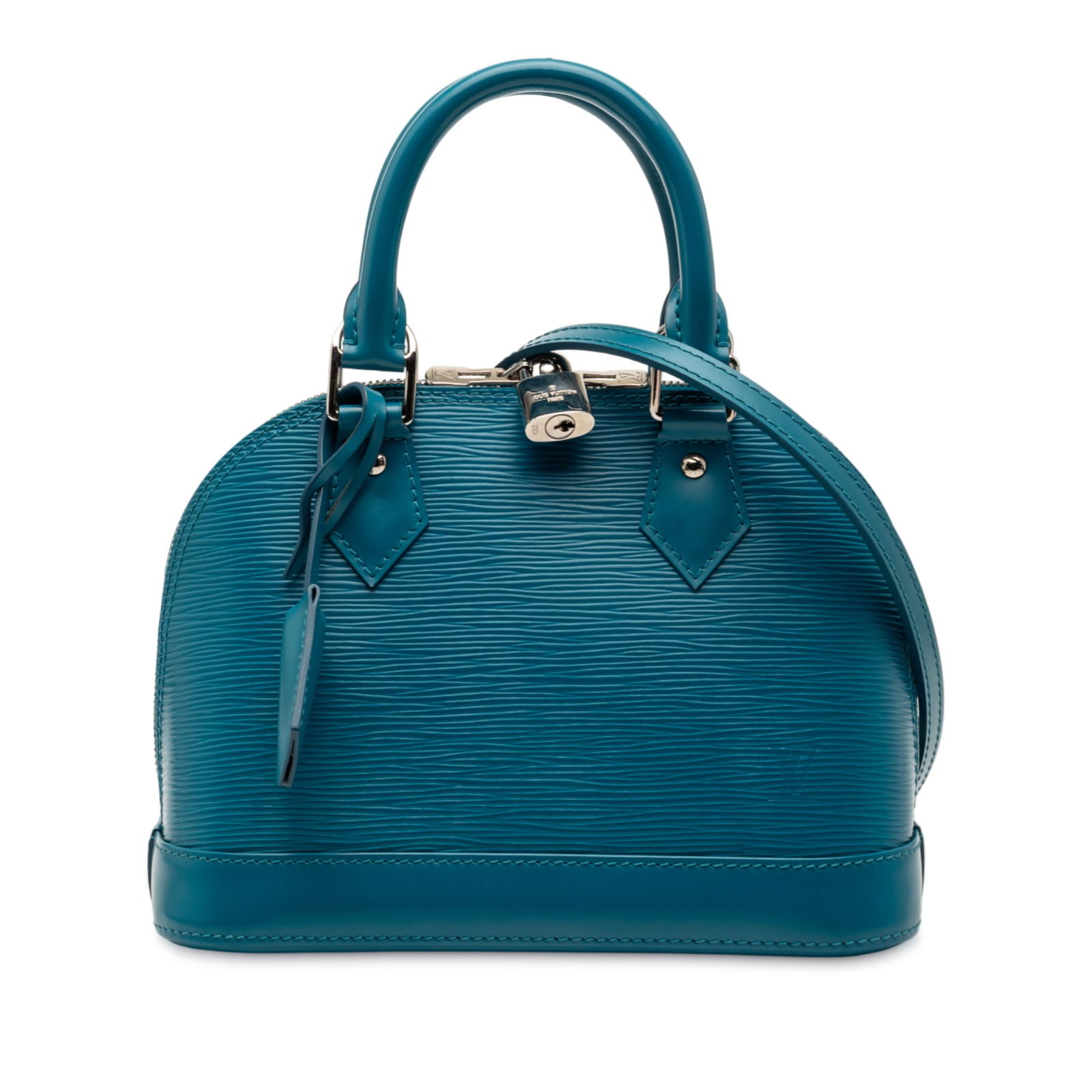 Blue Epi Leather Alma BB Bag by Louis Vuitton with Detachable Strap: Blue Epi Leather Alma BB Bag by Louis Vuitton with Detachable Strap The Louis Vuitton Epi Alma BB is crafted from epi leather and features rolled leather top handles, a detachable flat leather strap,