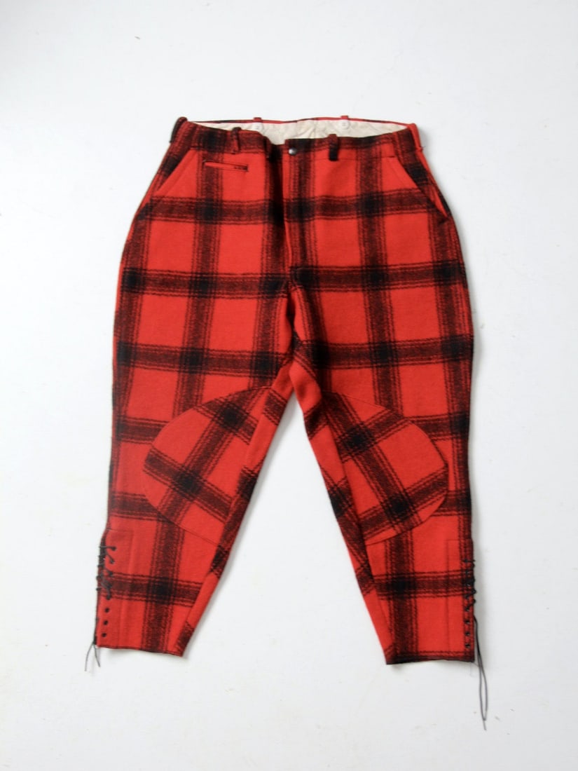 Vintage Western Field Wool Hunting Pants Red Black Plaid 1930s 1950s (1 of 9)
