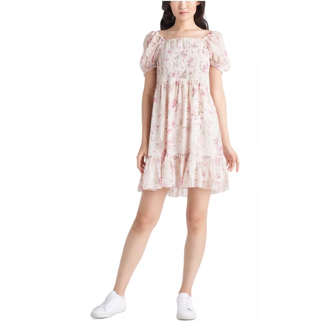 Black Tape Floral Chiffon Fit & Flare Dress with Smocked Accents: Black Tape Floral Chiffon Fit & Flare Dress with Smocked Accents This charming Black Tape dress combines a playful floral pattern with elegant features for a striking look. Crafted from smooth chiffon