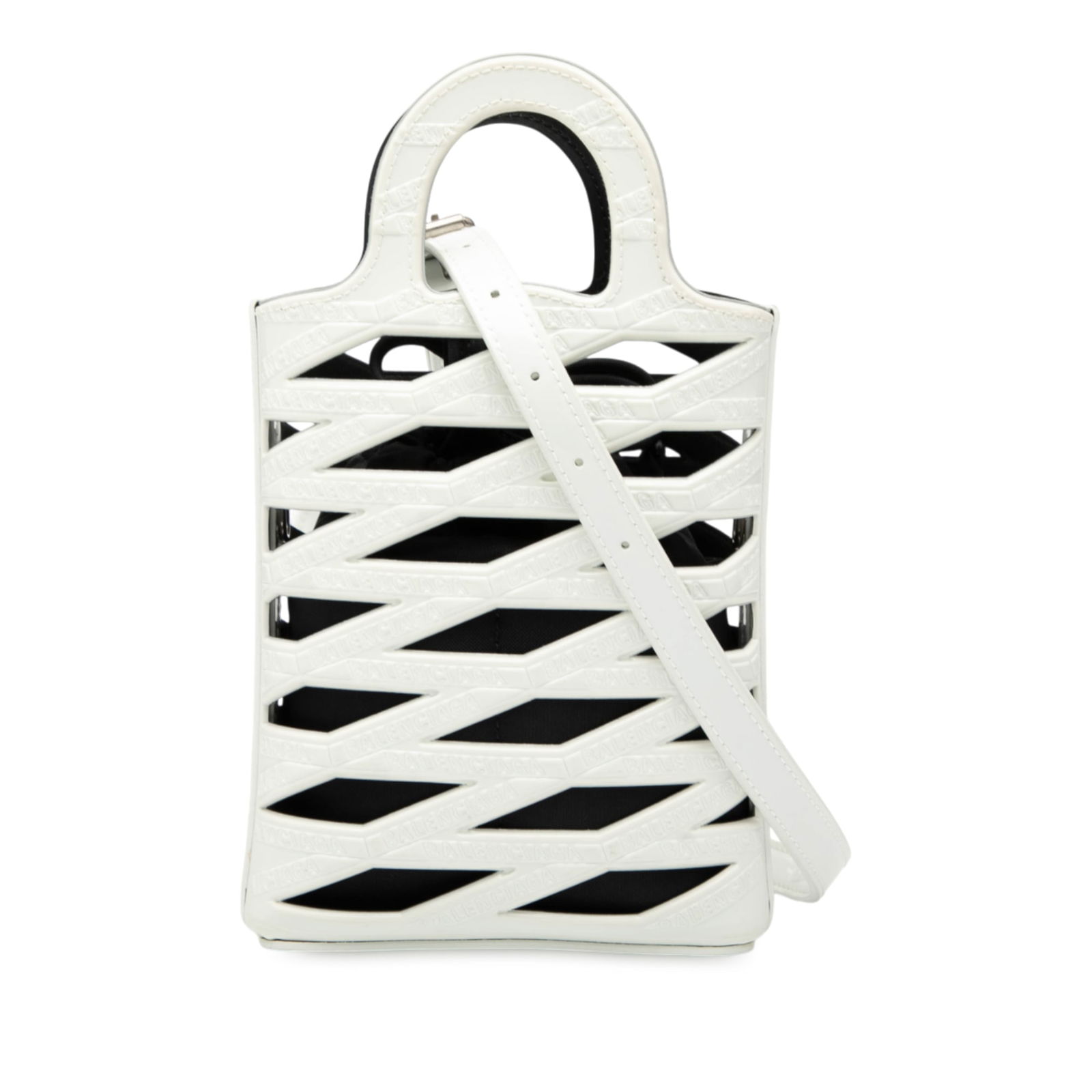 Balenciaga White Leather Neo Basket Phone Holder with Strap: Balenciaga White Leather Neo Basket Phone Holder with Strap This Balenciaga Leather Neo Basket Phone Holder is a stylish and functional accessory crafted from high-quality leather. It features flat le