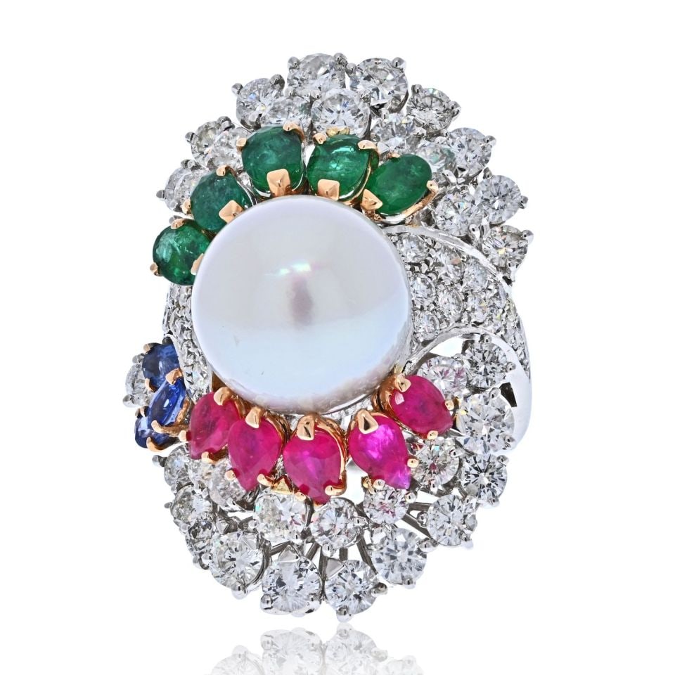 14K White Gold Cocktail Ring with Diamonds Rubies Emeralds South Sea Pearl: 14K White Gold Cocktail Ring with Diamonds Rubies Emeralds South Sea Pearl This stunning estate ring is crafted from luxurious 14K white gold and features an exquisite arrangement of diamonds, rubies,