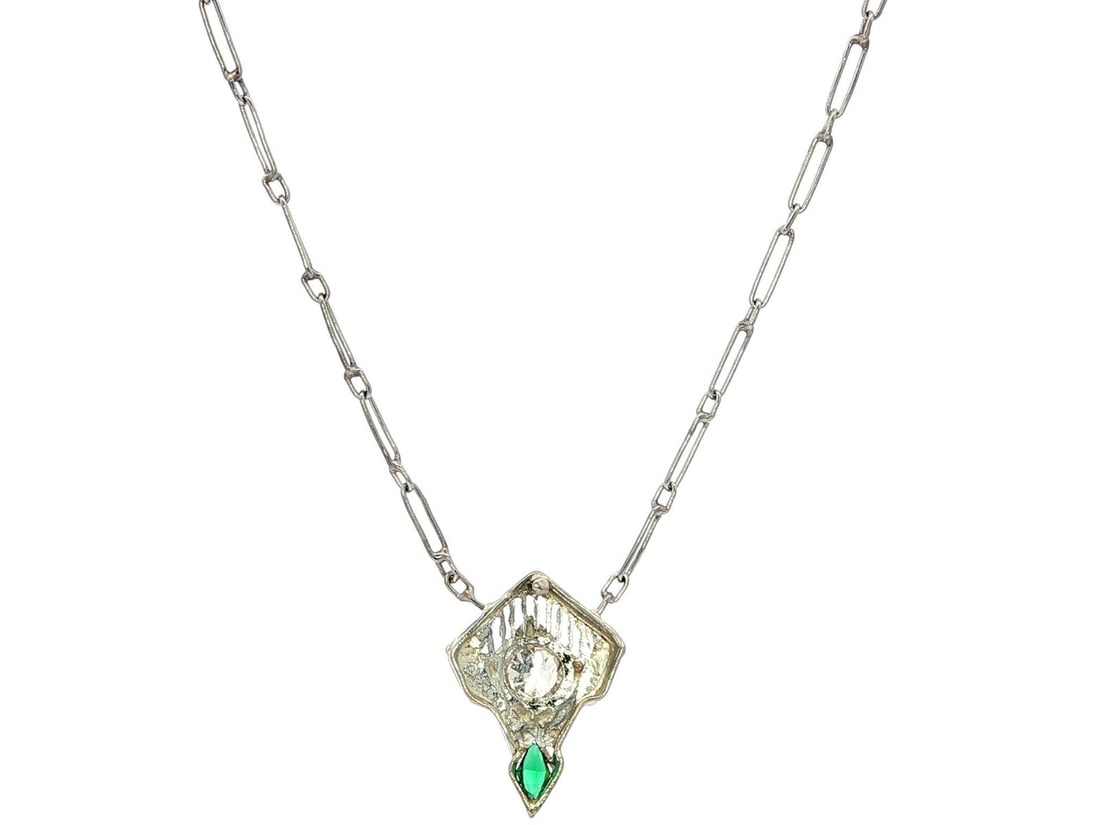 Antique Art Deco Platinum Diamond Pendant with Handmade Open Work Chain (1 of 7)