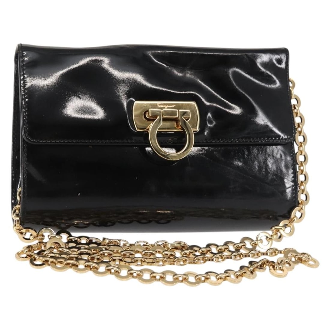 Salvatore Ferragamo Black Gold Enamel Chain Gancini Shoulder Bag Auth Italy (1 of 18)