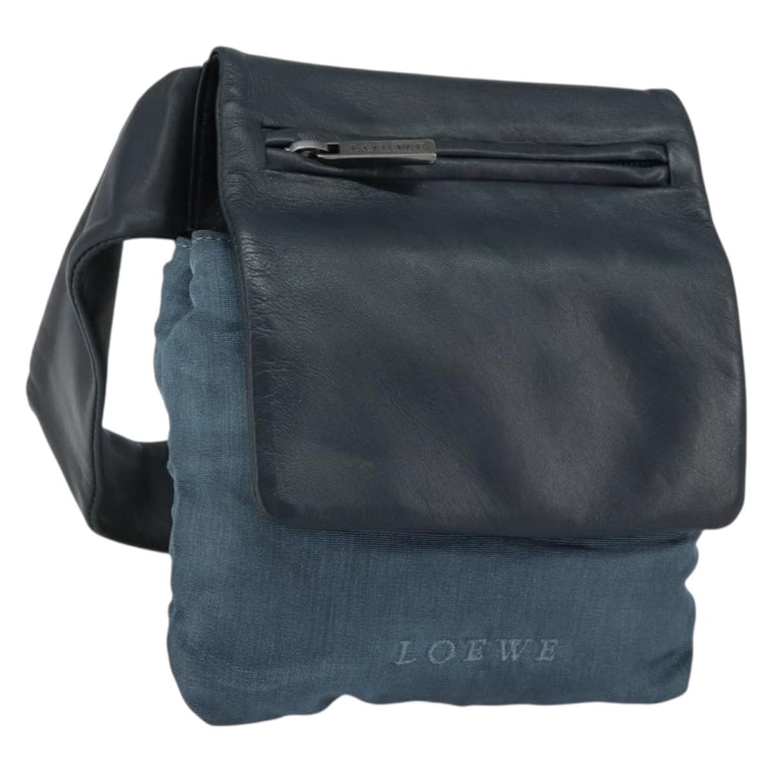 LOEWE Navy Leather Waist Bag Silver Hardware Authentic: LOEWE Navy Leather Waist Bag Silver Hardware Authentic This LOEWE Waist Bag is crafted from high-quality leather and features a stylish navy and silver color scheme. With approximate dimensions of 5.9