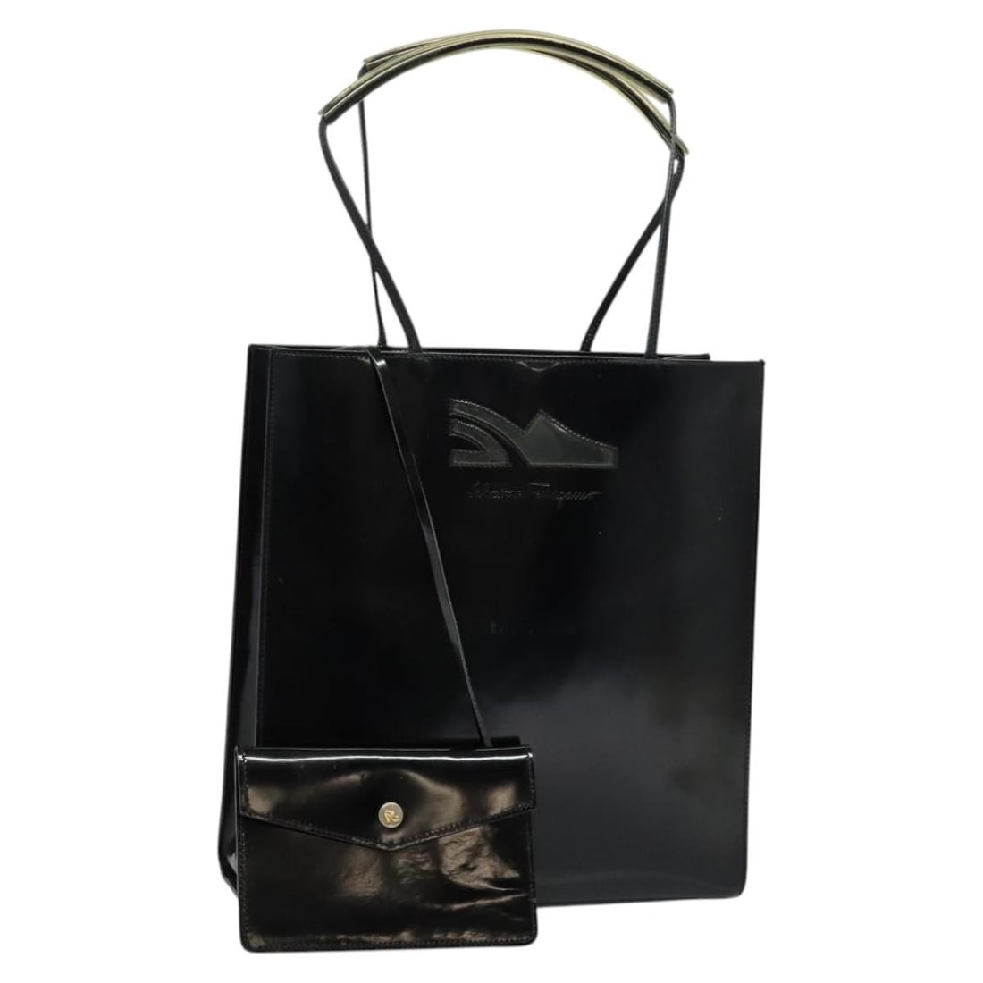 Salvatore Ferragamo Black Gold Enamel Tote Bag Auth Italy: Salvatore Ferragamo Black Gold Enamel Tote Bag Auth Italy This exquisite Salvatore Ferragamo tote bag showcases a chic black and gold enamel exterior, highlighting the brand's commitment to luxurious