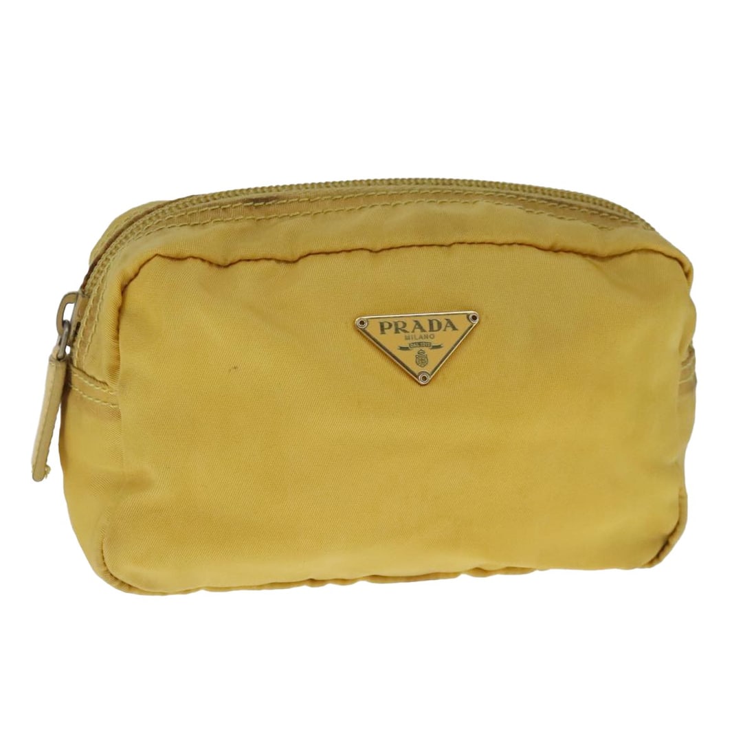 PRADA Yellow Pink Nylon Pouch Made in Italy AR13016: PRADA Yellow Pink Nylon Pouch Made in Italy AR13016 This PRADA Pouch is a stylish accessory crafted from durable nylon, featuring an eye-catching exterior in a vibrant yellow and pink color scheme. De