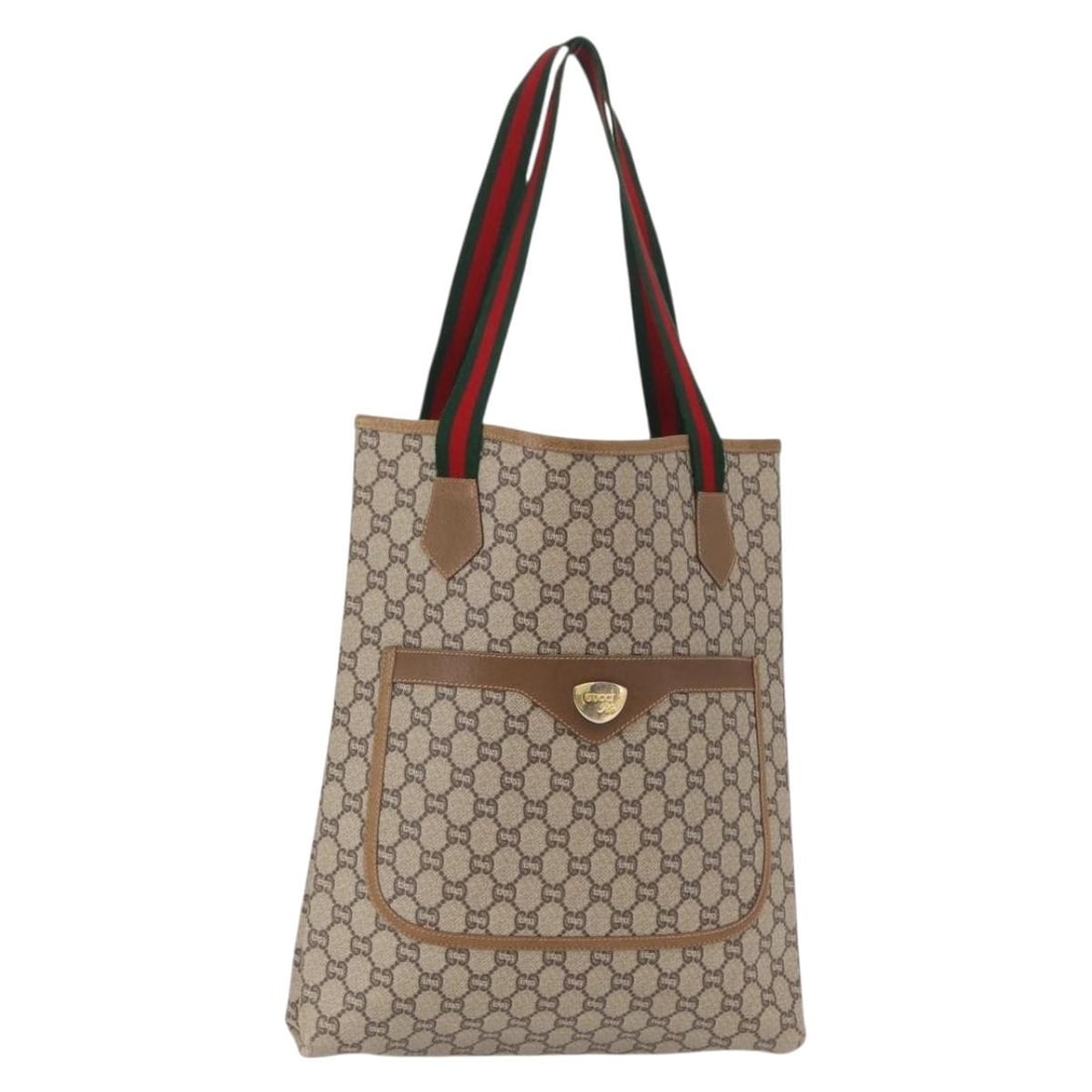 GUCCI GG Plus Supreme Tote Bag Beige Gold PVC Italy Auth: GUCCI GG Plus Supreme Tote Bag Beige Gold PVC Italy Auth This authentic GUCCI GG Plus Supreme Web Sherry Line Tote Bag is crafted in Italy from durable PVC leather, showcasing a stylish beige and gold