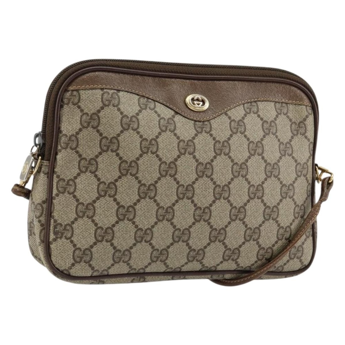 GUCCI GG Supreme Beige Gold Shoulder Bag PVC Auth 97 02 068: GUCCI GG Supreme Beige Gold Shoulder Bag PVC Auth 97 02 068 Introducing the GUCCI GG Supreme Shoulder Bag, a timeless accessory crafted in Italy. This stylish shoulder bag features a luxurious PVC lea