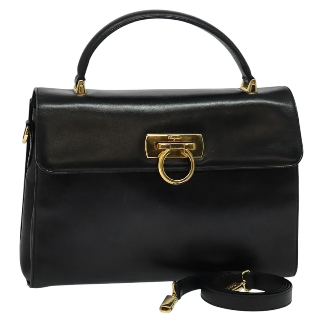 Salvatore Ferragamo Gancini Leather Hand Bag Black Gold 2-Way Auth Italy (1 of 18)