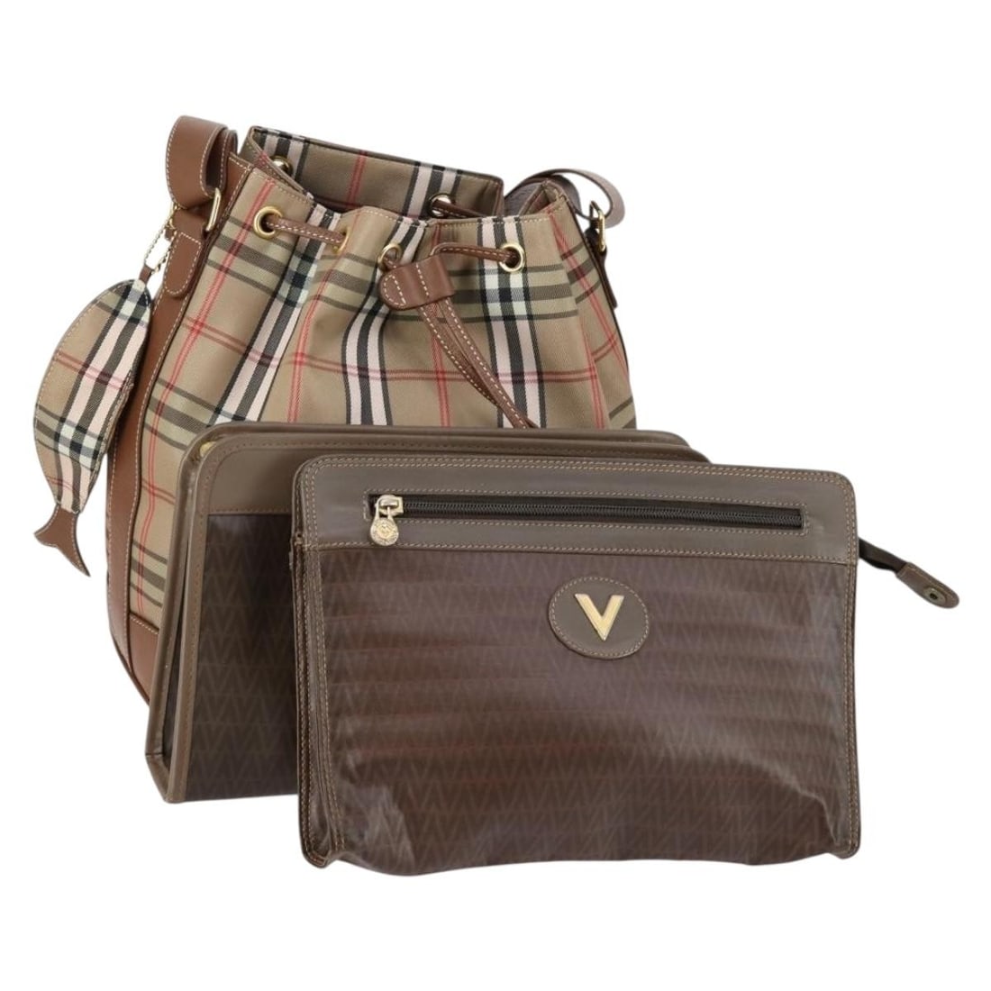 VALENTINO Brown Beige PVC Clutch Bag Set of 3 Authentic: VALENTINO Brown Beige PVC Clutch Bag Set of 3 Authentic This elegant Valentino clutch bag set, crafted from PVC leather in a stylish brown and beige color combination, showcases the luxury and sophist