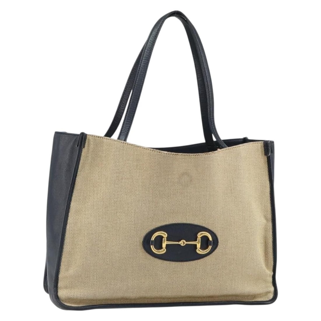Beige Canvas Gucci Horsebit Tote with Gold Trim Model 623694: Beige Canvas Gucci Horsebit Tote with Gold Trim Model 623694 This GUCCI Horsebit tote bag features a beige and gold canvas exterior and is crafted in Italy. The bag includes a spacious main compartmen