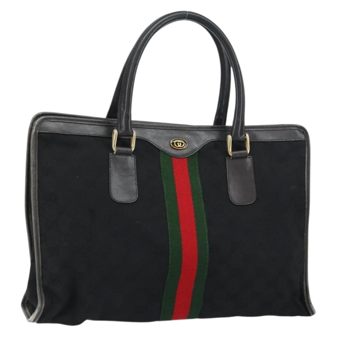Gucci GG Canvas Web Sherry Line Black Handbag Model 378 02 011: Gucci GG Canvas Web Sherry Line Black Handbag Model 378 02 011 This Gucci GG Canvas Web Sherry Line handbag in black, gold, and red is crafted from signature GG canvas and features the iconic web stri