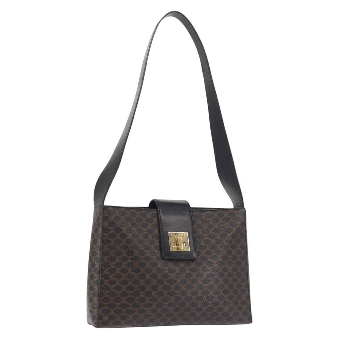 CELINE Black Gold Macadam Canvas Shoulder Bag PVC Leather Italy Auth: CELINE Black Gold Macadam Canvas Shoulder Bag PVC Leather Italy Auth This authentic CELINE Macadam Canvas Shoulder Bag is a stylish accessory that combines PVC leather and Macadam canvas for a chic lo