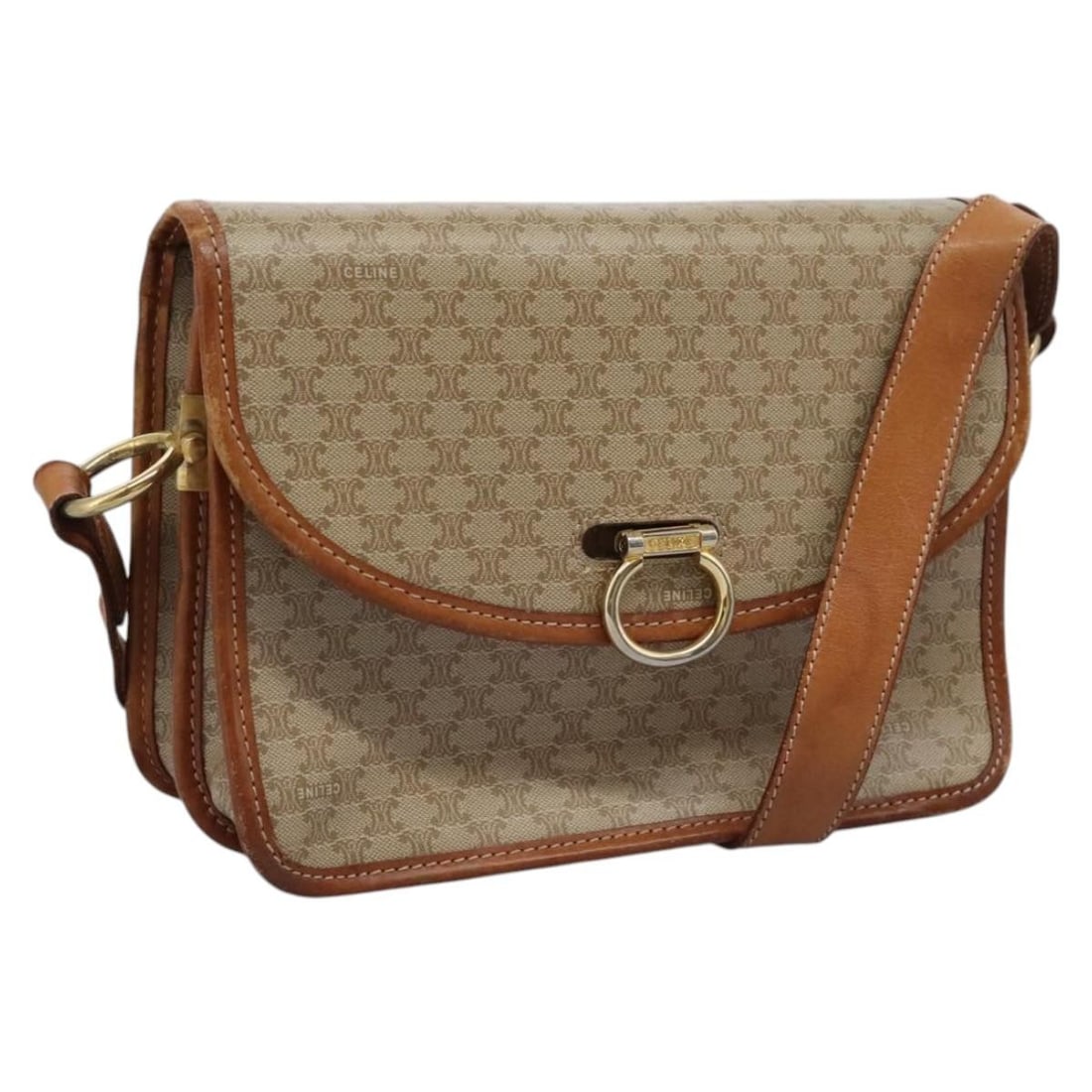 CELINE Beige Gold Macadam Canvas Shoulder Bag Authentic BD092: CELINE Beige Gold Macadam Canvas Shoulder Bag Authentic BD092 This authentic CELINE Macadam Canvas Shoulder Bag is a stylish accessory crafted in Italy. Featuring a chic beige and gold color scheme, t