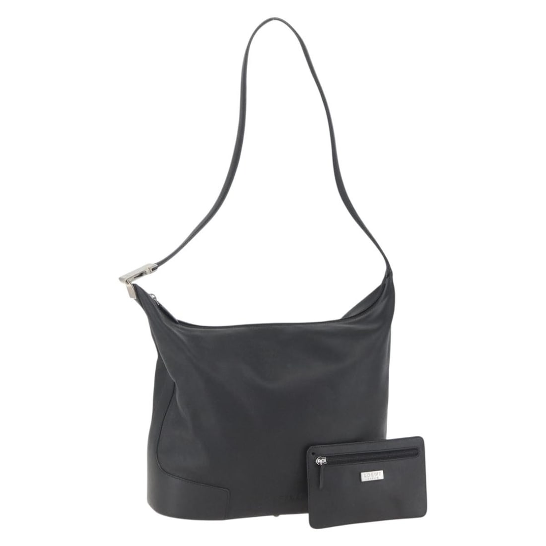 Black Leather Loewe Shoulder Bag with Silver Tone Accents and Pouch: Black Leather Loewe Shoulder Bag with Silver Tone Accents and Pouch This LOEWE shoulder bag features a black and silver leather exterior with a matching leather strap. The bag includes a pouch accesso