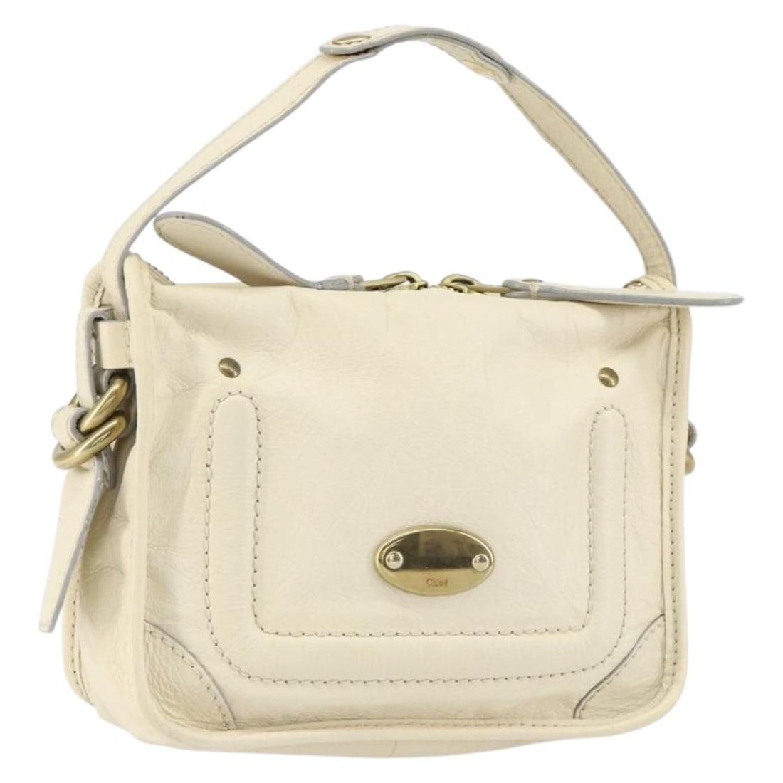 Chloe Ivory Gold Leather Hand Bag Auth AR13809 Spain: Chloe Ivory Gold Leather Hand Bag Auth AR13809 Spain This Chloe handbag, crafted from high-quality leather, showcases an elegant ivory and gold color combination. Measuring approximately 7.5 inches in
