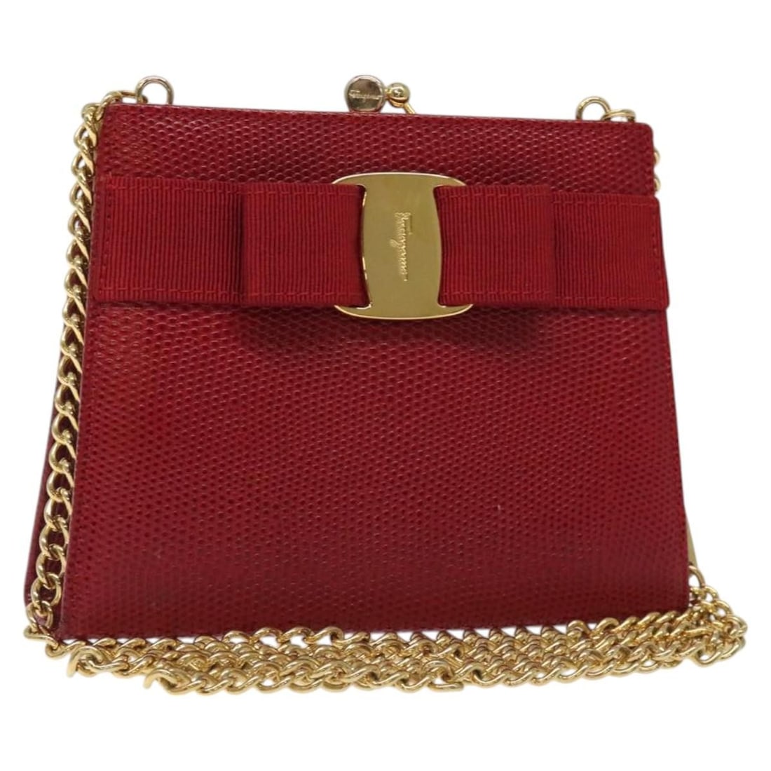 Salvatore Ferragamo Red Gold Snakeskin Embossed Shoulder Bag Auth 125568 (1 of 18)