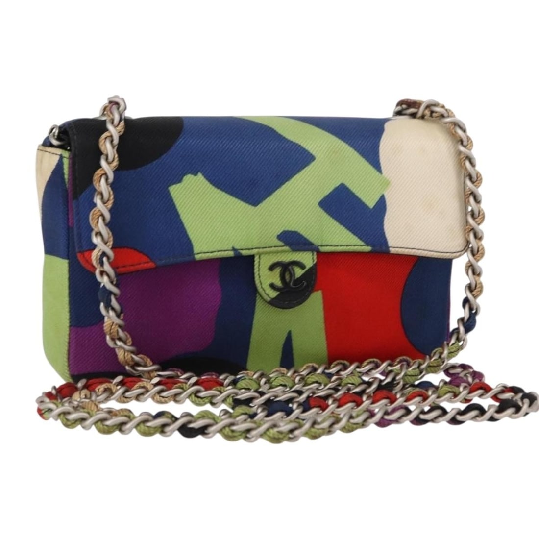 CHANEL Multicolor Silver Canvas Chain Shoulder Bag Auth 145585V (1 of 18)