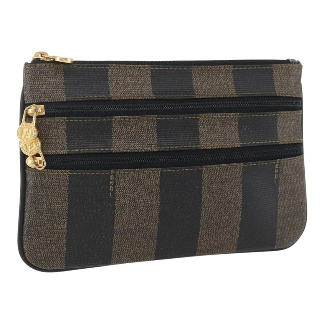 Pequin Stripe Black Brown PVC Canvas Pouch by Fendi Italy: Pequin Stripe Black Brown PVC Canvas Pouch by Fendi Italy This FENDI pouch features a combination of black and brown Pequin canvas and PVC leather. Made in Italy, the pouch is designed with a compact