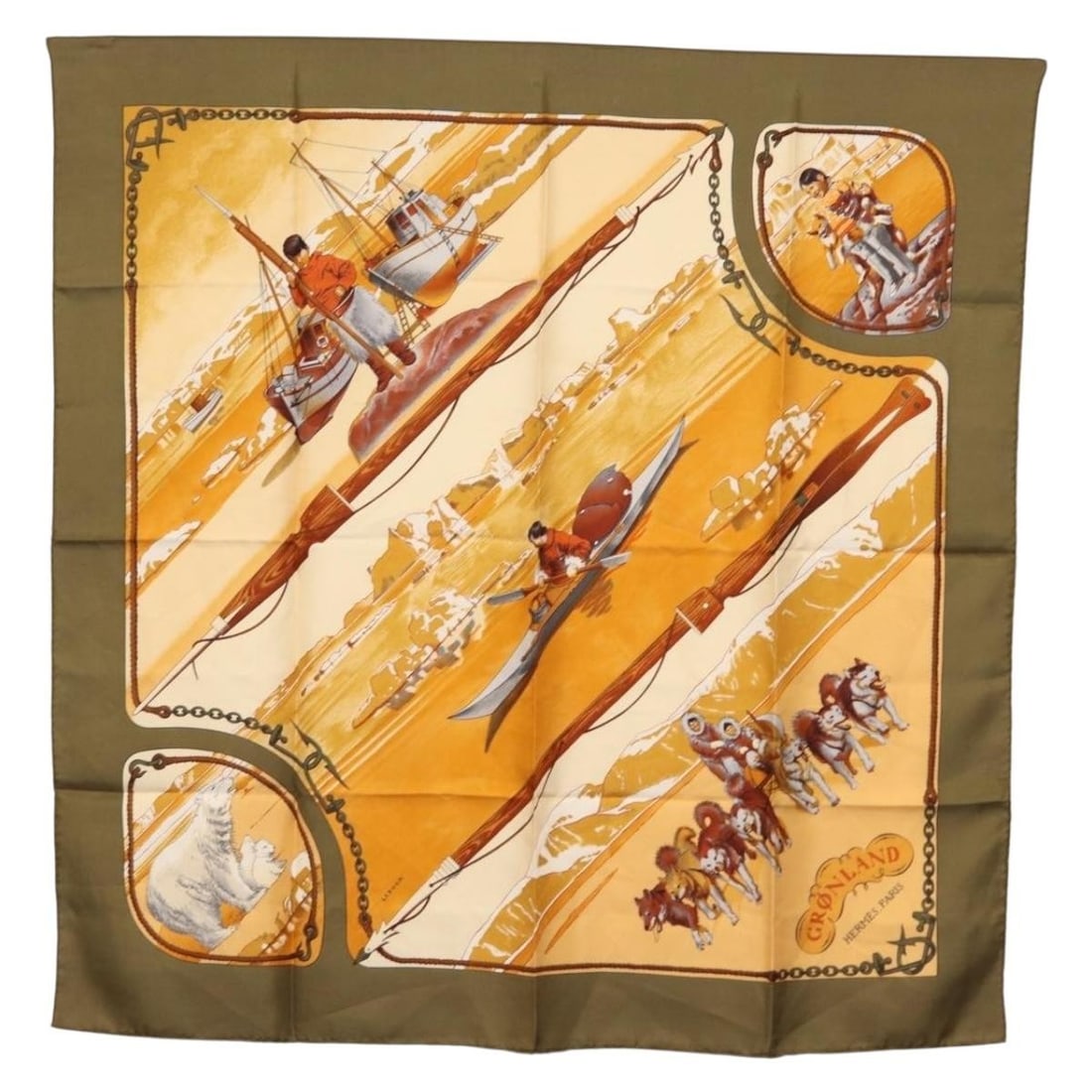HERMES Gronland 90cm Khaki Silk Scarf Authentic France (1 of 15)