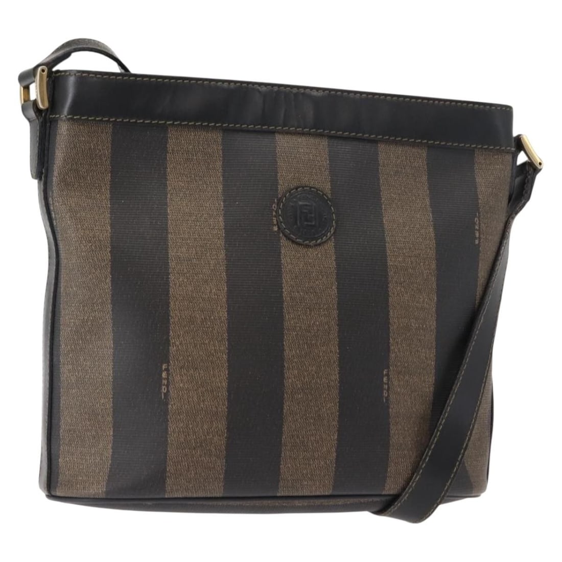 FENDI Pecan Canvas Shoulder Bag Black Brown Gold Italy Auth: FENDI Pecan Canvas Shoulder Bag Black Brown Gold Italy Auth This Fendi Pecan Canvas Shoulder Bag showcases a stylish blend of black, brown, and gold hues in its durable PVC leather and Pequin canvas c