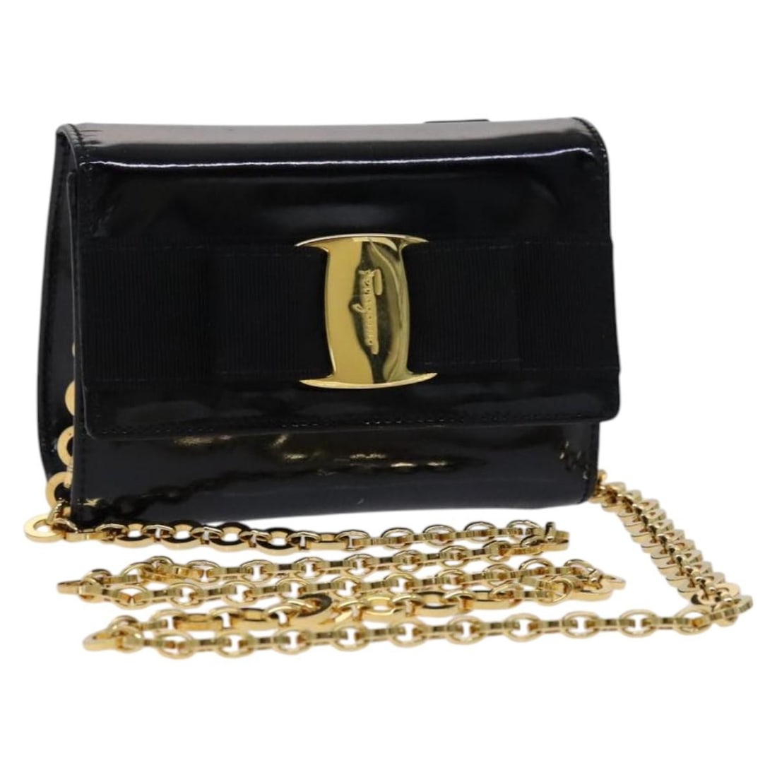 Salvatore Ferragamo Vala Chain Shoulder Bag Black Gold Enamel Italy (1 of 18)