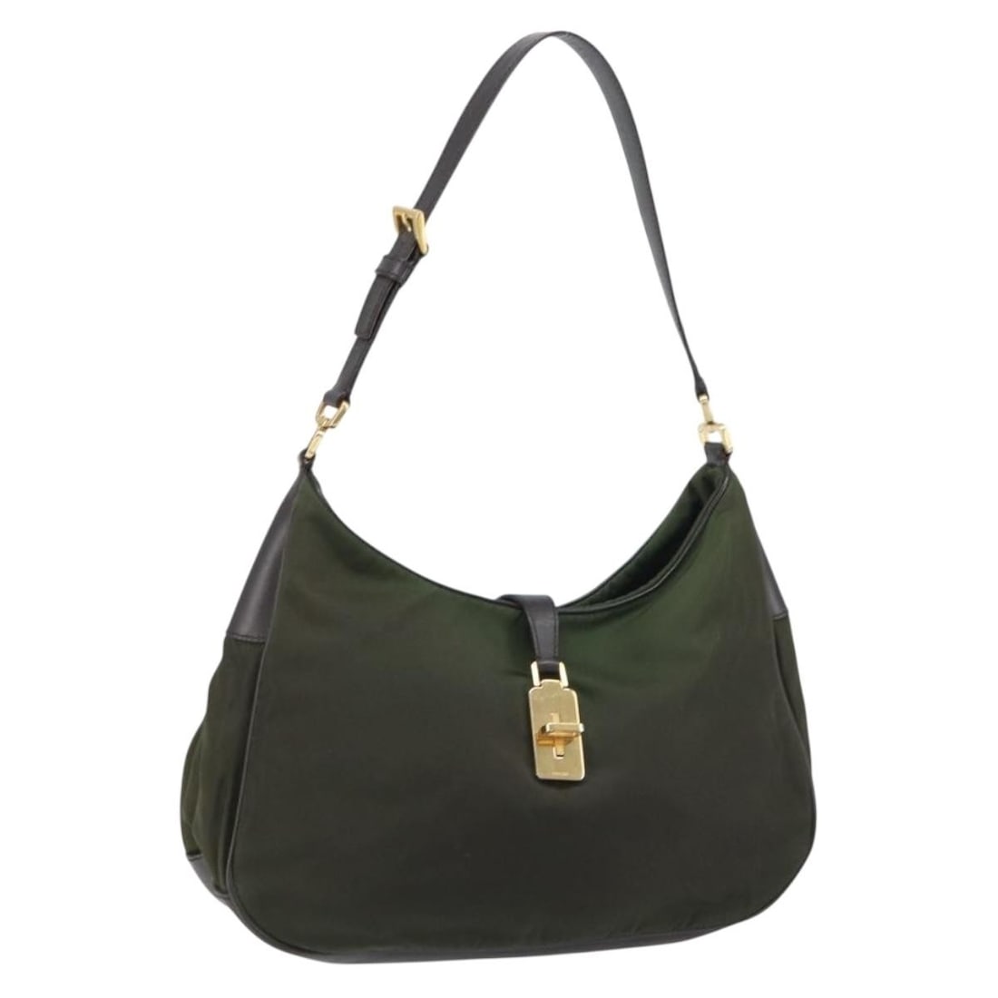 Green and Gold PRADA Nylon and Leather Shoulder Bag from Italy: Green and Gold PRADA Nylon and Leather Shoulder Bag from Italy This PRADA shoulder bag features a green and gold nylon exterior with leather accents. Made in Italy, the bag offers a compact and stylis