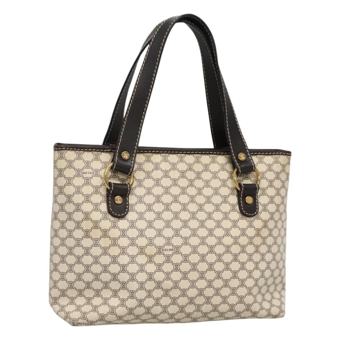 CELINE Macadam Canvas Hand Bag White Gold PVC Leather Auth Italy: CELINE Macadam Canvas Hand Bag White Gold PVC Leather Auth Italy This authentic CELINE Macadam Canvas Hand Bag combines stylish design with practical functionality. Crafted from durable PVC leather ac