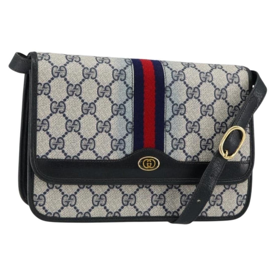 GUCCI GG Supreme Sherry Line Shoulder Bag PVC Navy Gold Red Italy: GUCCI GG Supreme Sherry Line Shoulder Bag PVC Navy Gold Red Italy This GUCCI GG Supreme Sherry Line Shoulder Bag combines luxury and practicality with its striking navy, gold, and red color palette. C