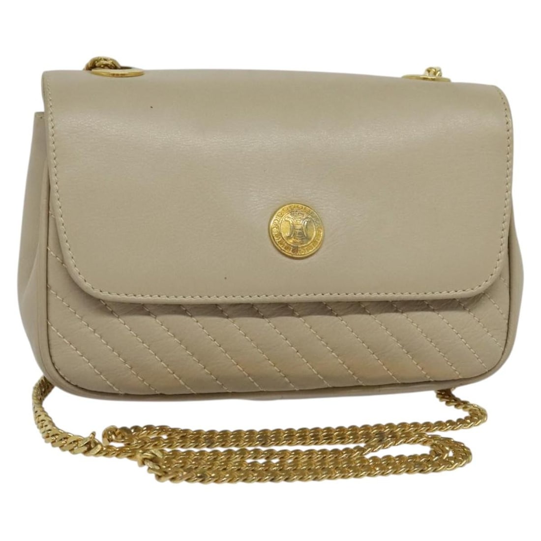 CELINE Leather Chain Shoulder Bag Beige Gold Made in Italy: CELINE Leather Chain Shoulder Bag Beige Gold Made in Italy This exquisite CELINE Chain Shoulder Bag is crafted from high-quality leather, featuring a sophisticated beige and gold color palette. With a